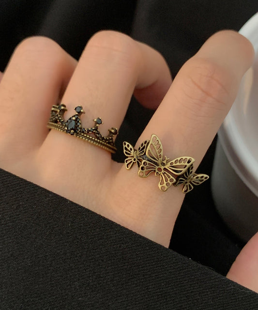 Gold Fine Ancient Piece Hollow Two Set Metal Rings Out Crown Butterfly