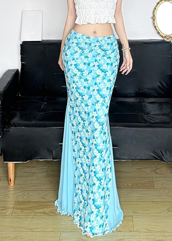 Maxi Skirt Waist Fine Summer Patchwork Tulle Blue High