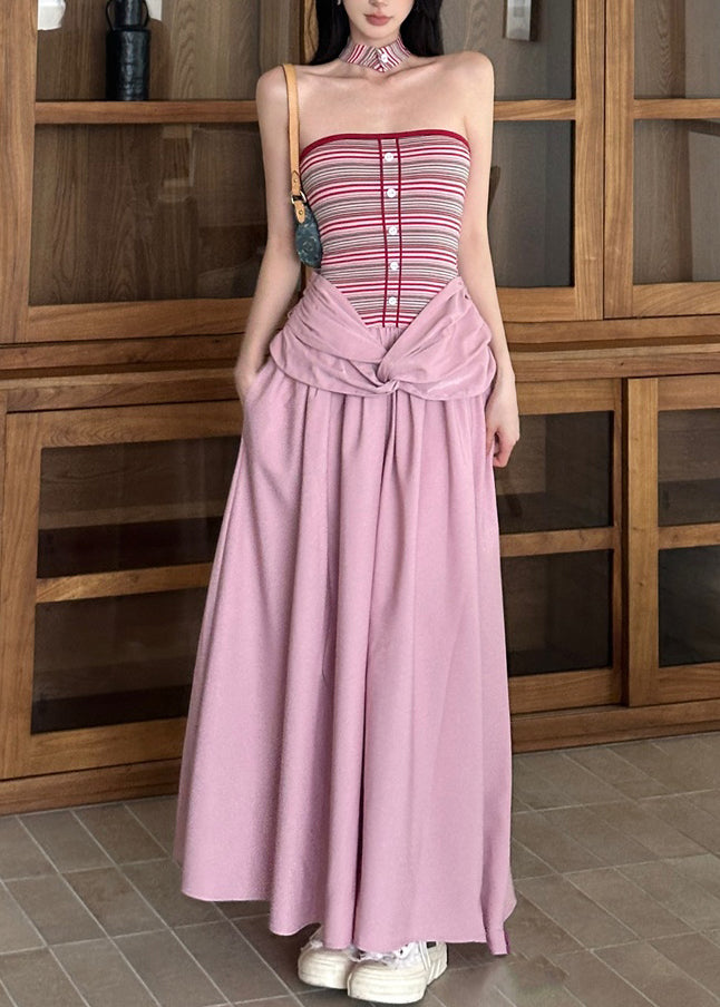 Fake Pieces Summer Pink Striped Fine Two Long Patchwork Dress