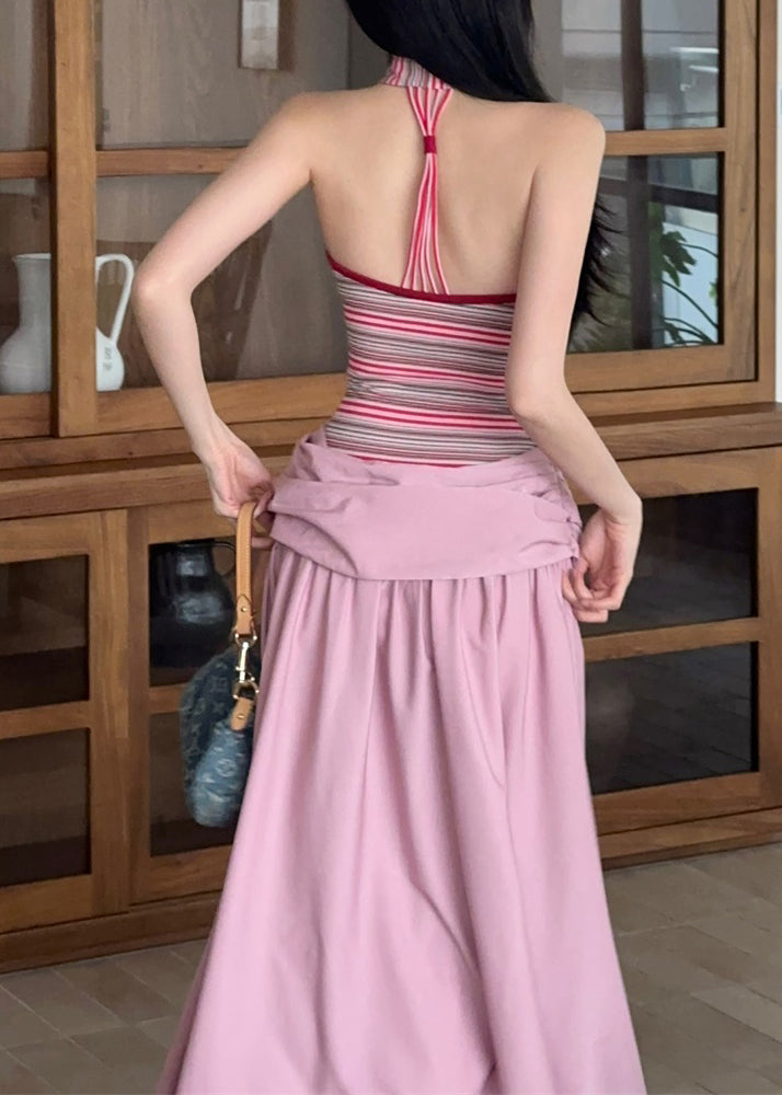 Fake Pieces Summer Pink Striped Fine Two Long Patchwork Dress