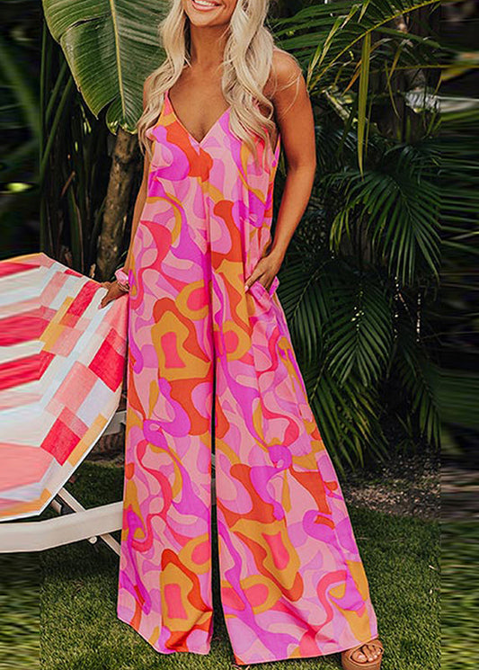 Summer Pink Fine Print Neck Pockets V Jumpsuits