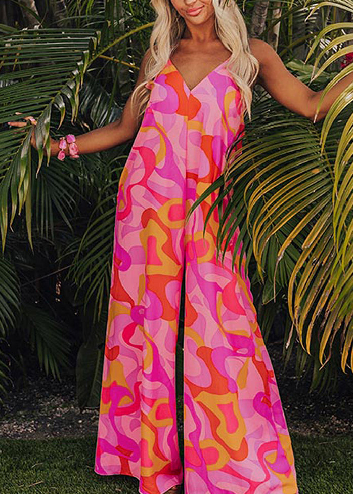 Summer Pink Fine Print Neck Pockets V Jumpsuits
