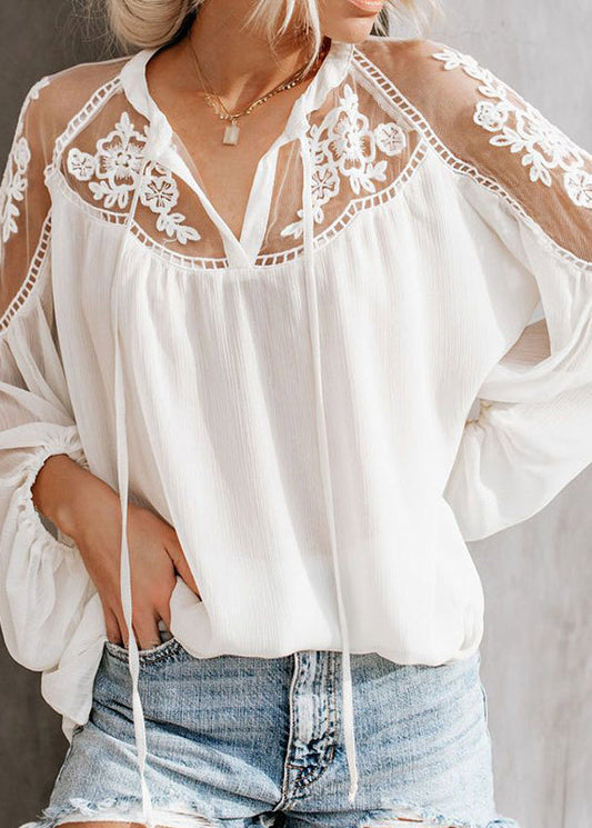 White V Fall Neck Shirt Patchwork Fine Lace