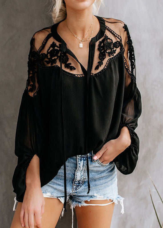 White V Fall Neck Shirt Patchwork Fine Lace