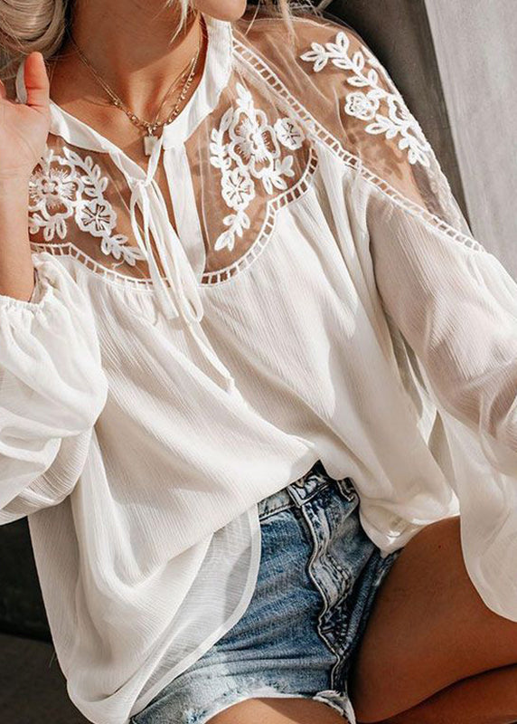 White V Fall Neck Shirt Patchwork Fine Lace