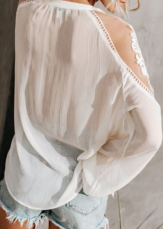 White V Fall Neck Shirt Patchwork Fine Lace
