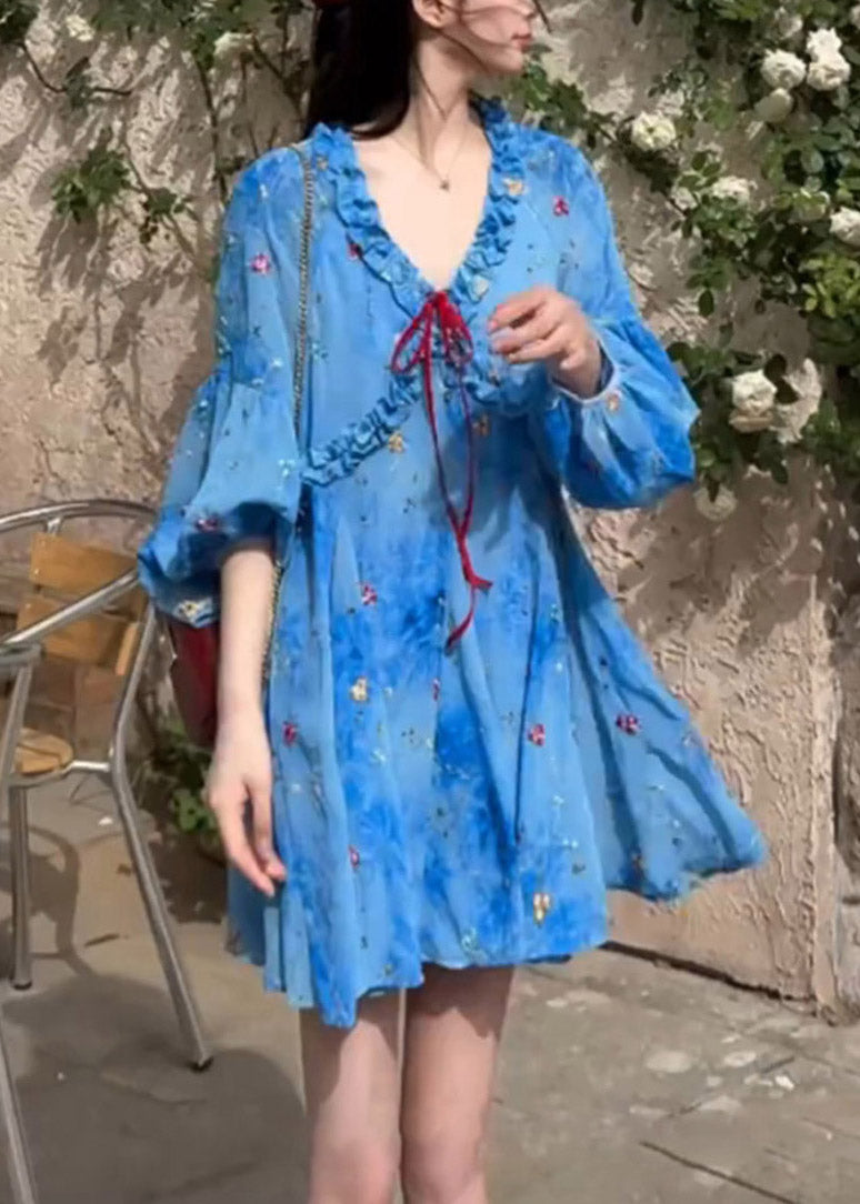 Dresses Blue Sleeve French Puff Ruffled Print Chiffon