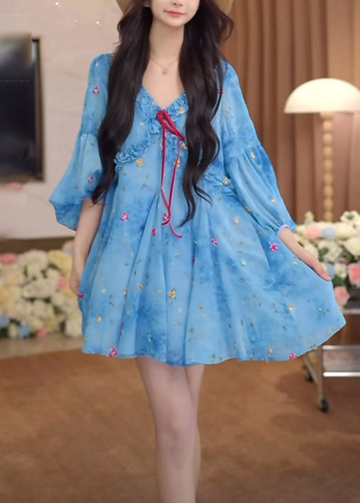 Dresses Blue Sleeve French Puff Ruffled Print Chiffon