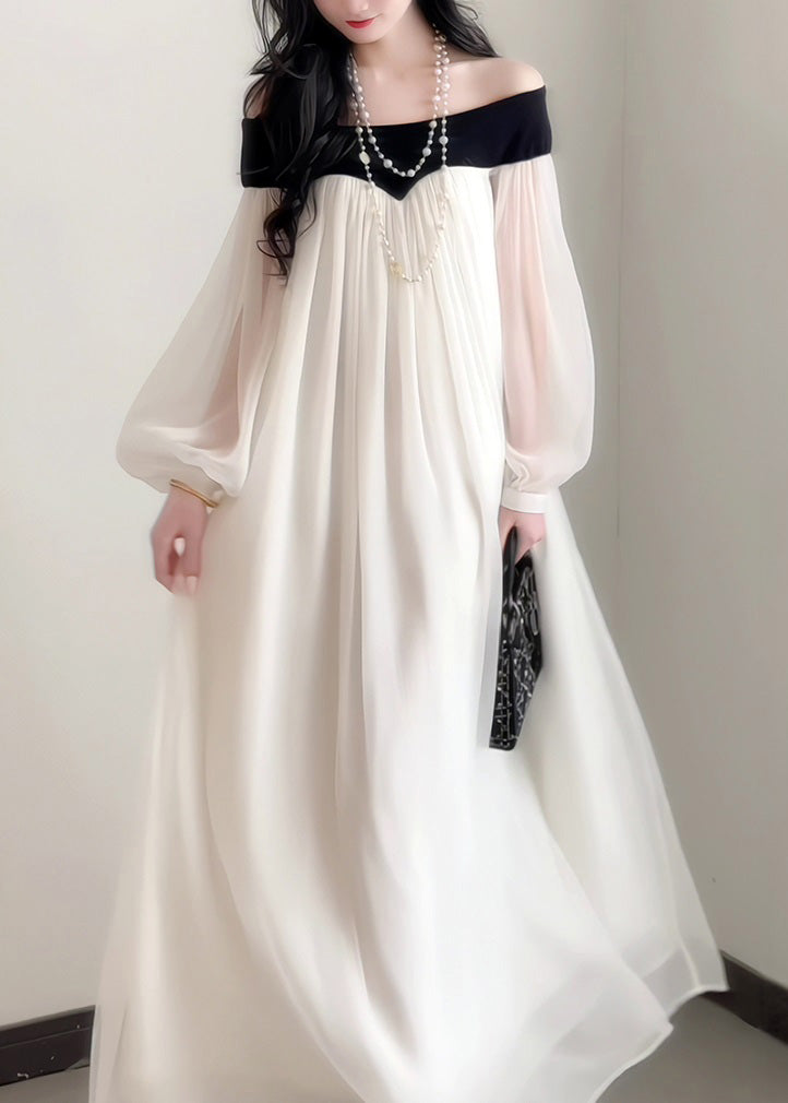 Elegant Chiffon French Neck Dress Slash Sleeves Lantern