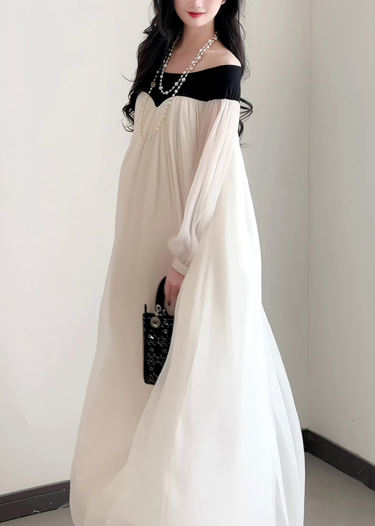 Elegant Chiffon French Neck Dress Slash Sleeves Lantern