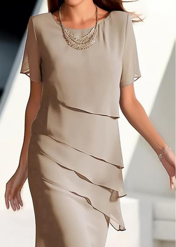 Maxi Layered Khaki Chiffon O-Neck Short Dresses French Solid