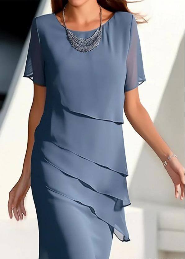 Maxi Layered Khaki Chiffon O-Neck Short Dresses French Solid