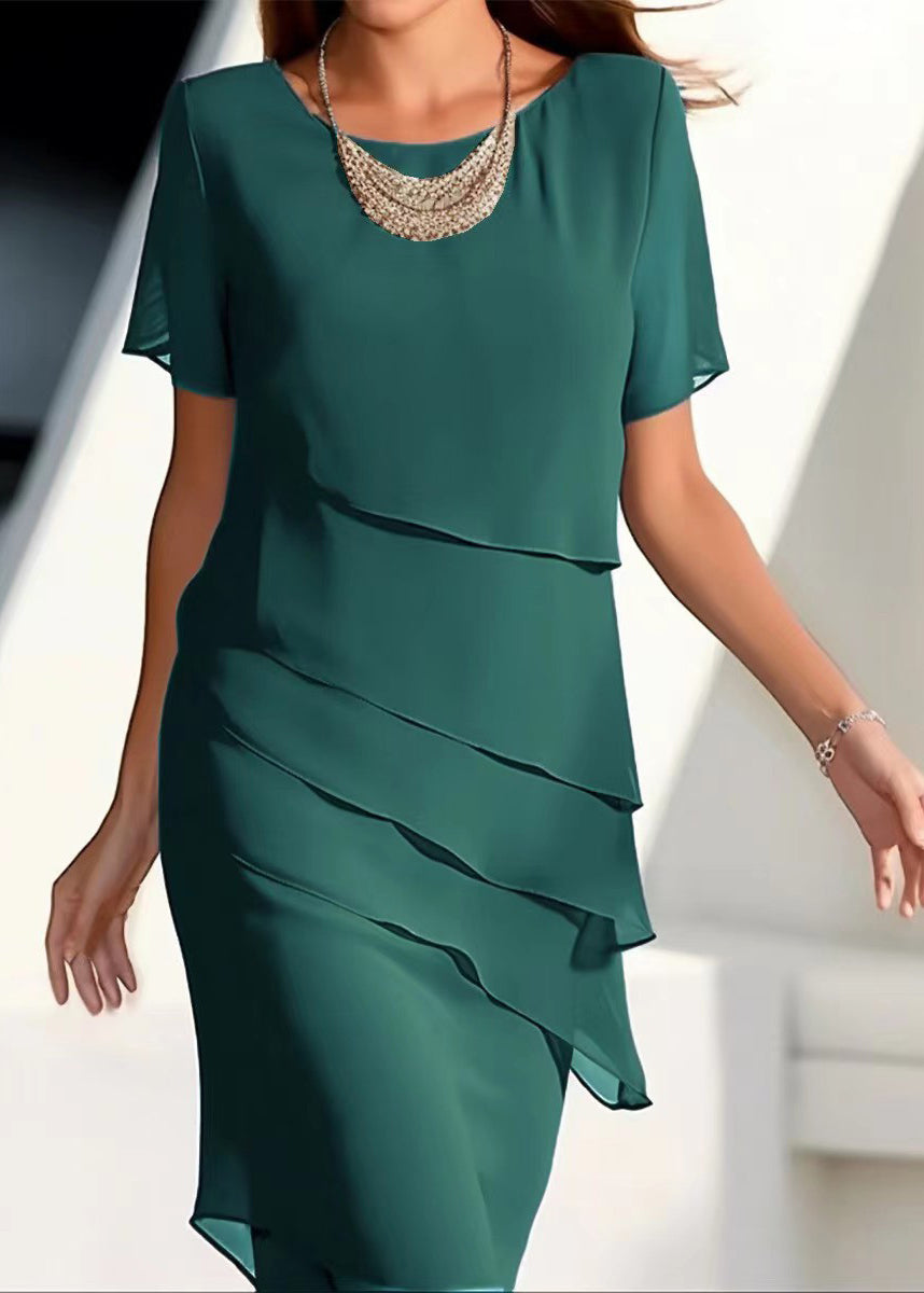 Maxi Layered Khaki Chiffon O-Neck Short Dresses French Solid