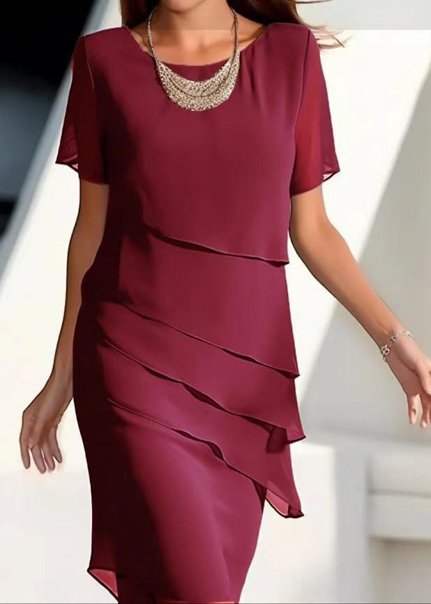 Maxi Layered Khaki Chiffon O-Neck Short Dresses French Solid