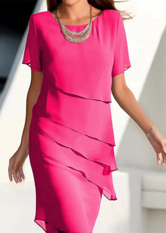 Maxi Layered Khaki Chiffon O-Neck Short Dresses French Solid