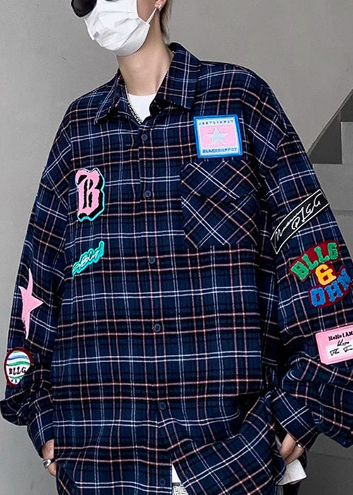 Pockets French Cotton Spring Men Navy Shirt Plaid