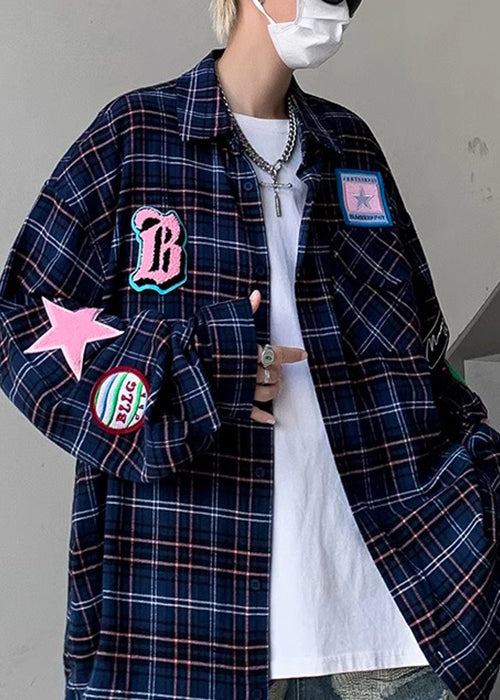 Pockets French Cotton Spring Men Navy Shirt Plaid