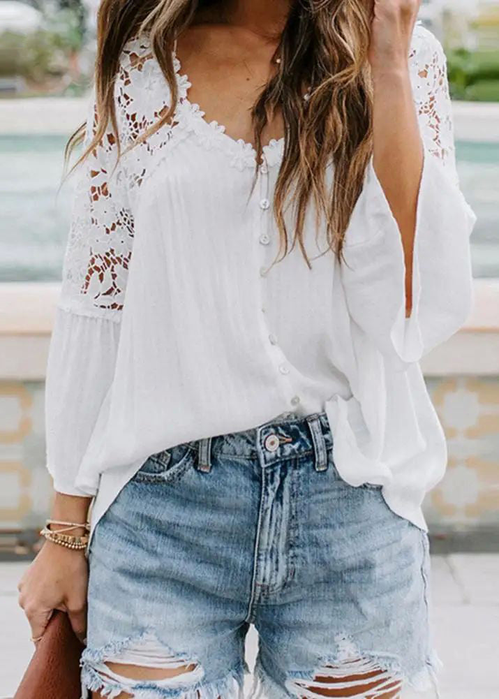 Sleeve Shirts Lace French Flare White Patchwork