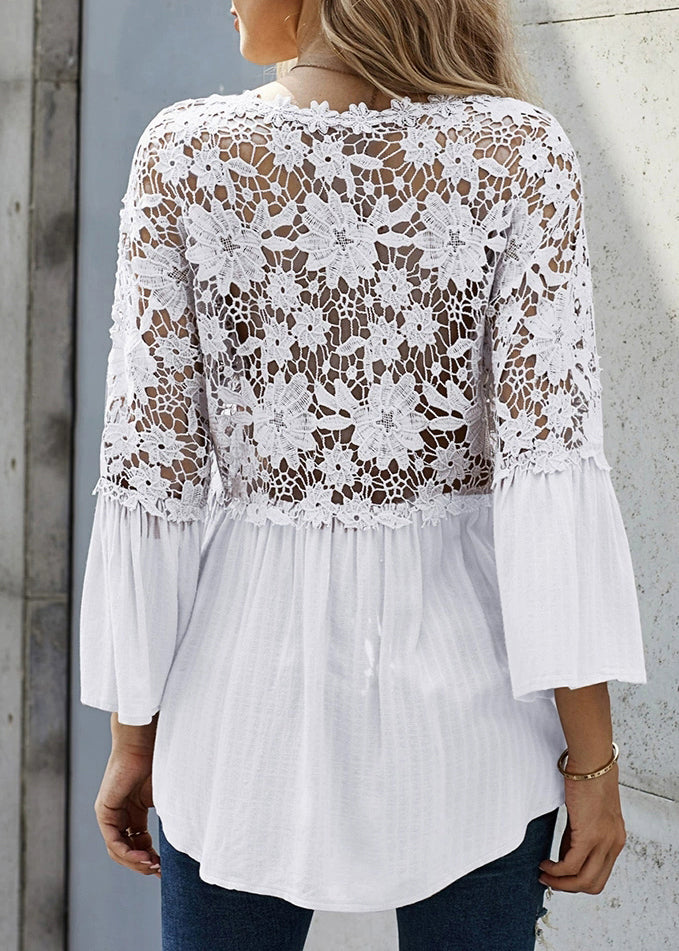Sleeve Shirts Lace French Flare White Patchwork