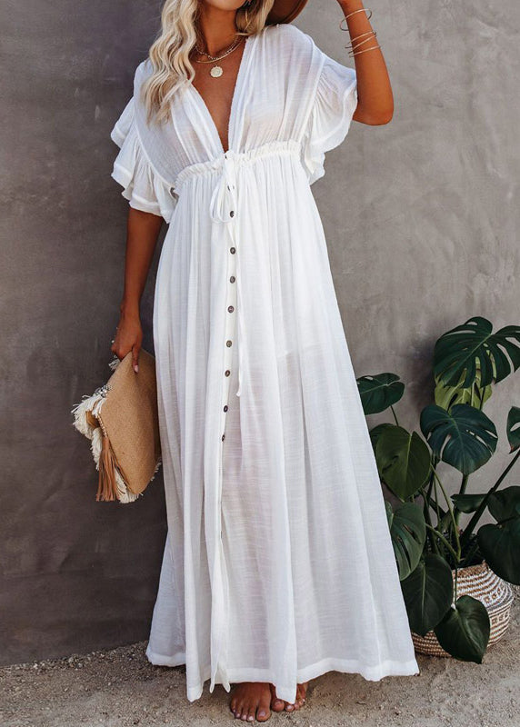 Dress Button Sleeve Short French V Maxi White Neck
