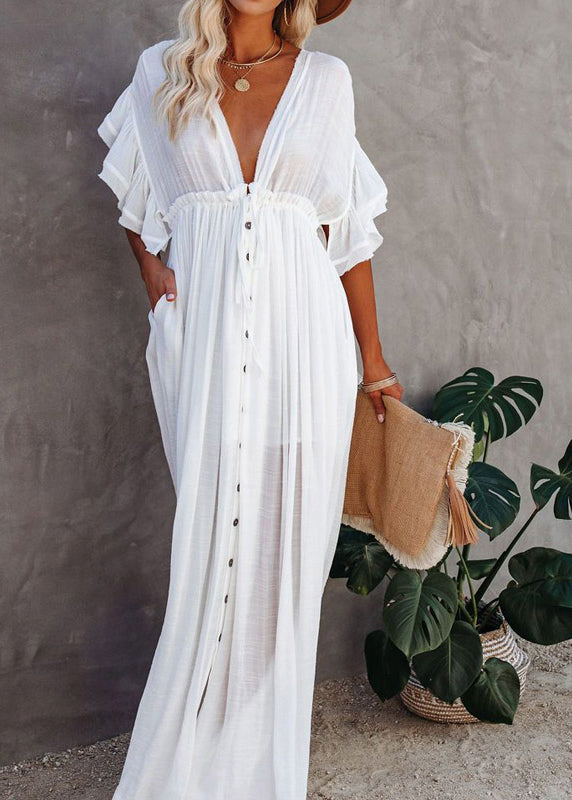 Dress Button Sleeve Short French V Maxi White Neck