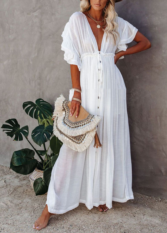 Dress Button Sleeve Short French V Maxi White Neck