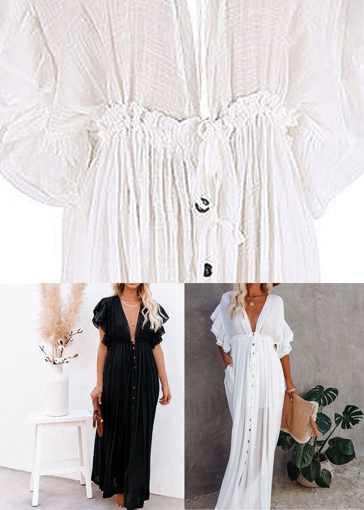 Dress Button Sleeve Short French V Maxi White Neck