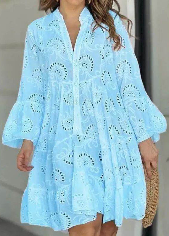 Hollow Dress French Holiday Neck Long White Fall Out Lace V