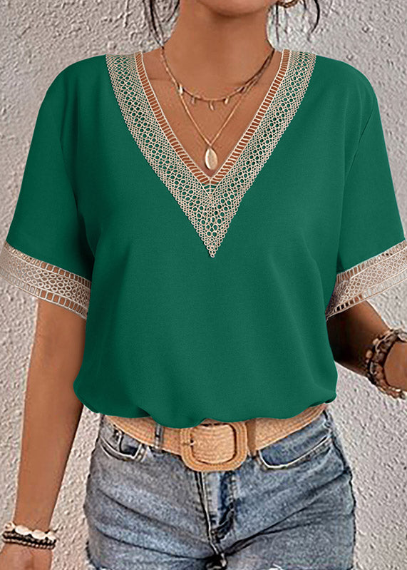 Short Neck Green Hollow V Out Sleeve Tops