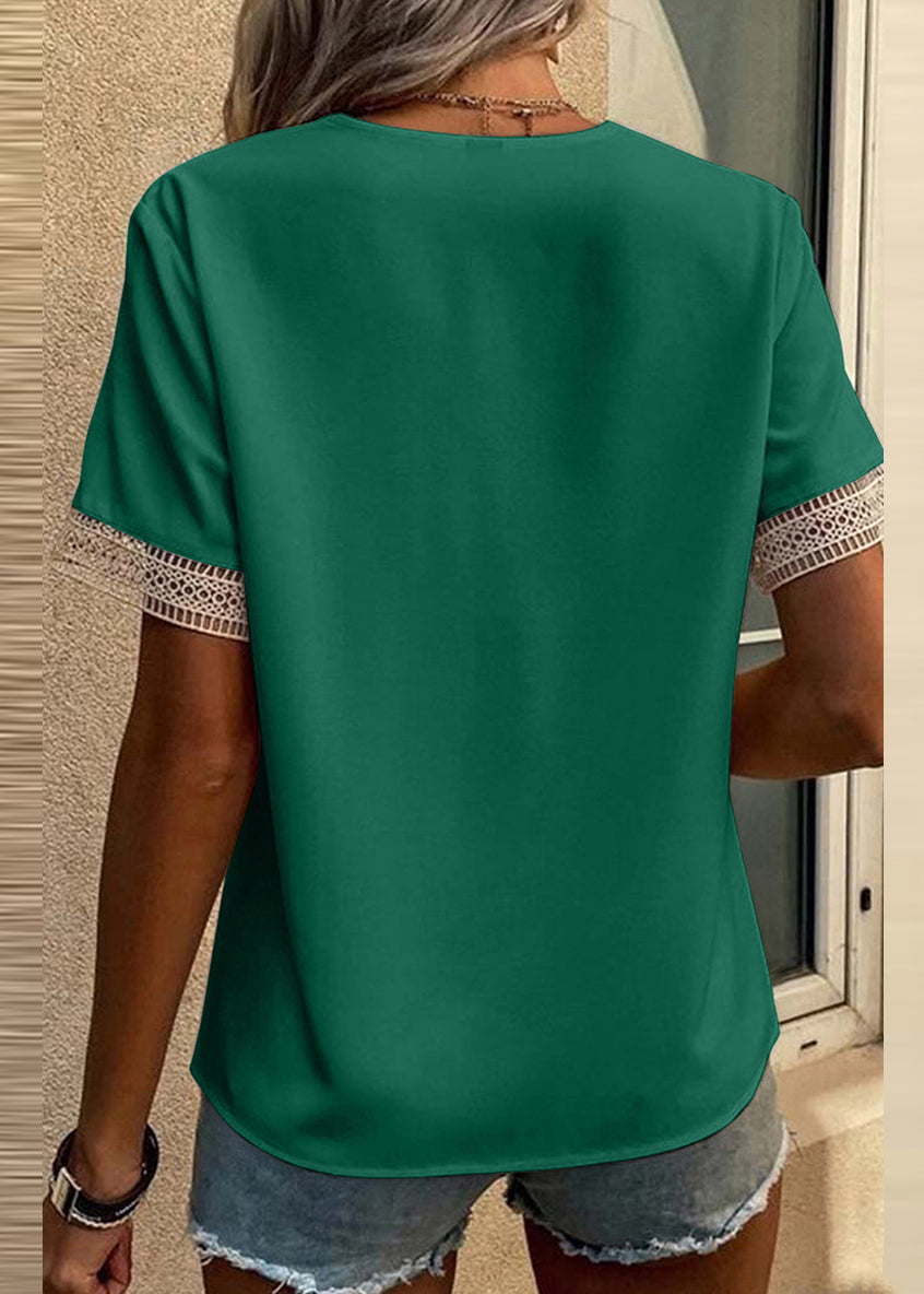 Short Neck Green Hollow V Out Sleeve Tops