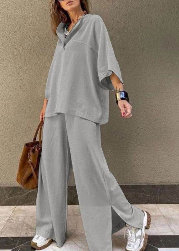 And Two Shirts Pieces Side Set Grey T Wide Open Leg Pants