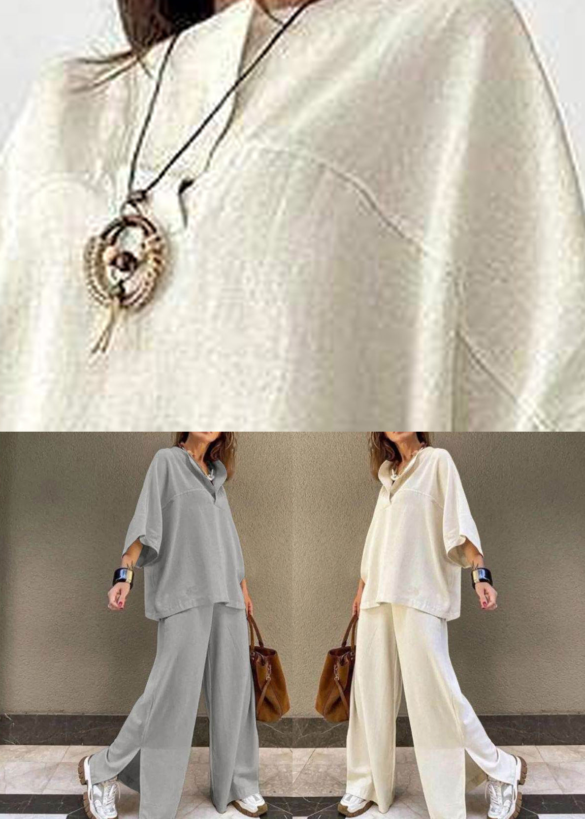 And Two Shirts Pieces Side Set Grey T Wide Open Leg Pants