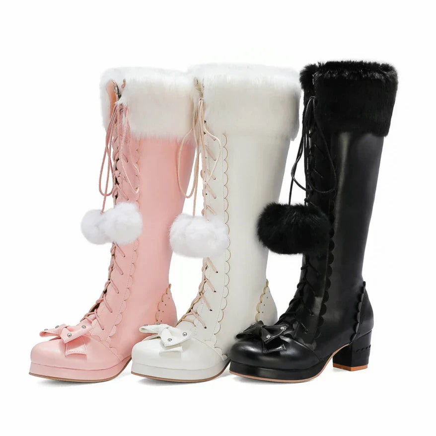 Leather - Boots 33-45 Bowtie High Fur Lolita Warm