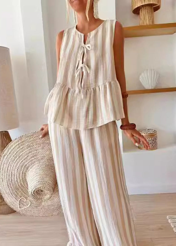 Top Two Wide Summer O-Neck Striped And Pieces Handmade Camel Pants Set Leg