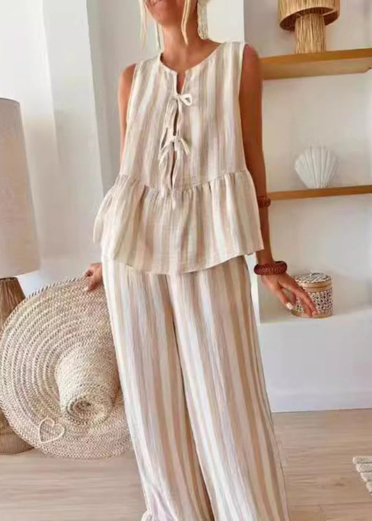 Top Two Wide Summer O-Neck Striped And Pieces Handmade Camel Pants Set Leg