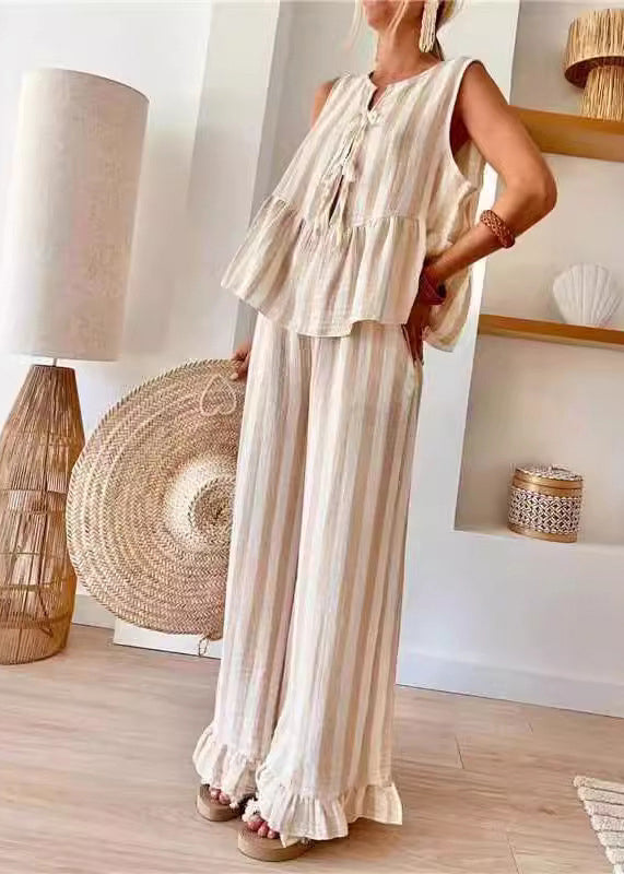 Top Two Wide Summer O-Neck Striped And Pieces Handmade Camel Pants Set Leg