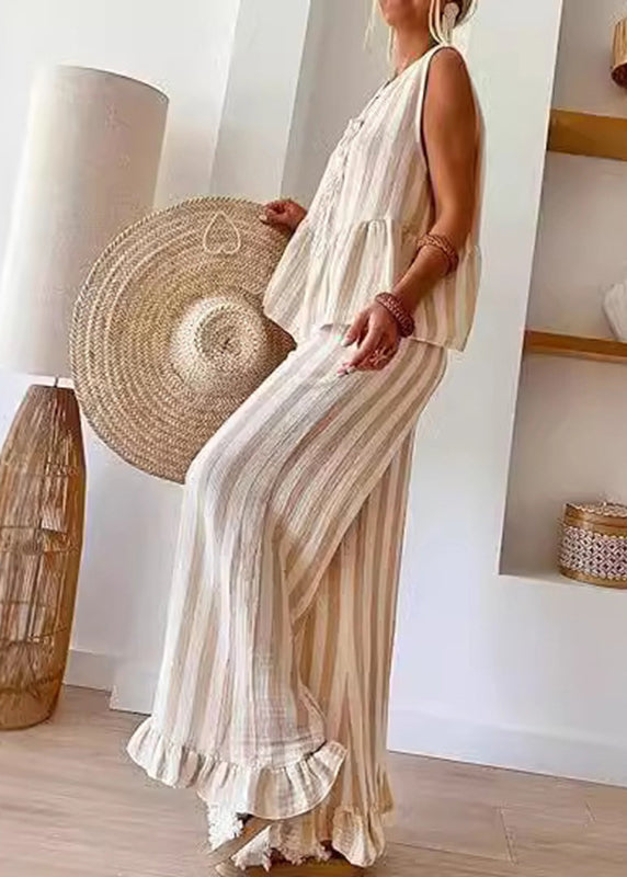 Top Two Wide Summer O-Neck Striped And Pieces Handmade Camel Pants Set Leg
