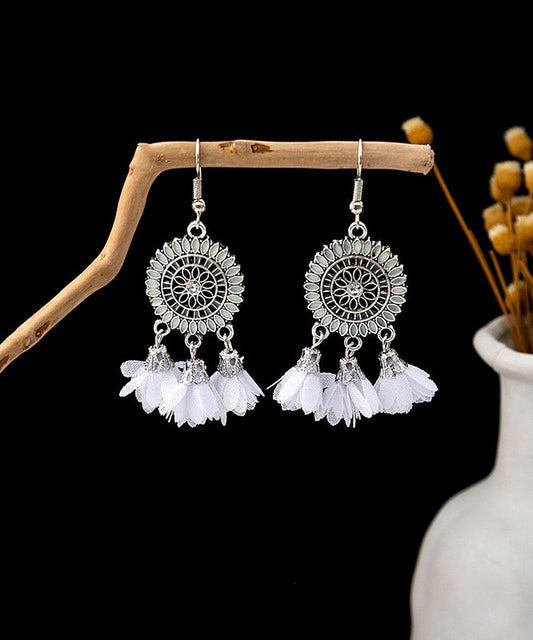 Chiffon Sterling Floral Drop Handmade Zircon White Earrings Silver Tassel