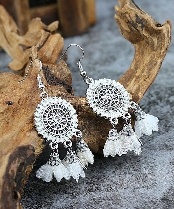 Chiffon Sterling Floral Drop Handmade Zircon White Earrings Silver Tassel