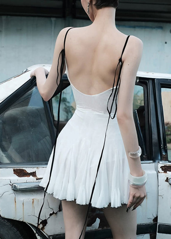 White Stand Italian Dress Collar Mid Tulle Strap Spaghetti