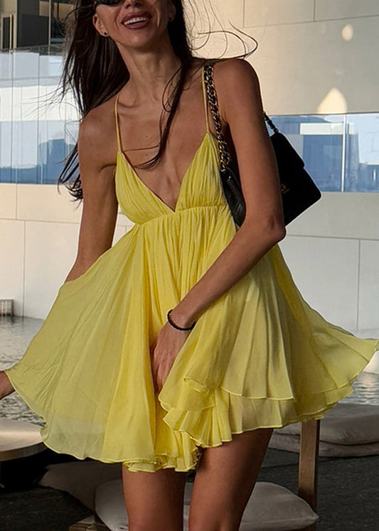 Mid Neck Patchwork Strap Spaghetti Backless Yellow Italian V