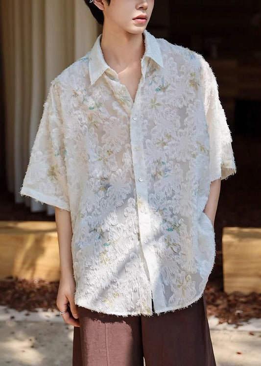 Peter Shirt Pan Men Button Collar Silk Sleeve Half Beige Ice Jacquard