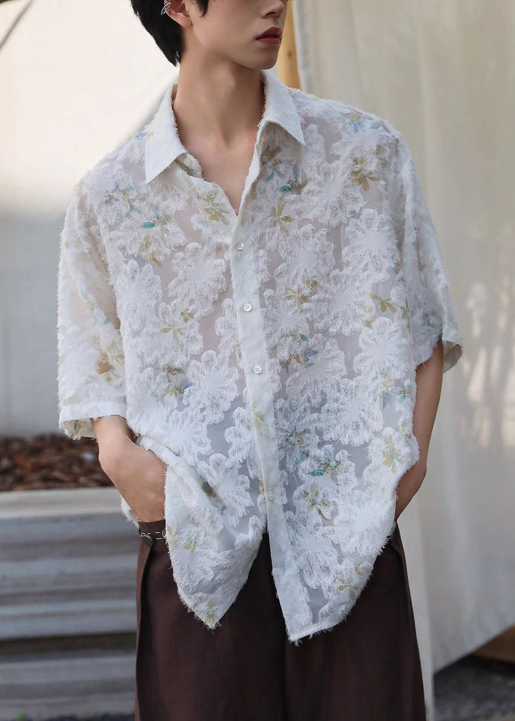 Peter Shirt Pan Men Button Collar Silk Sleeve Half Beige Ice Jacquard