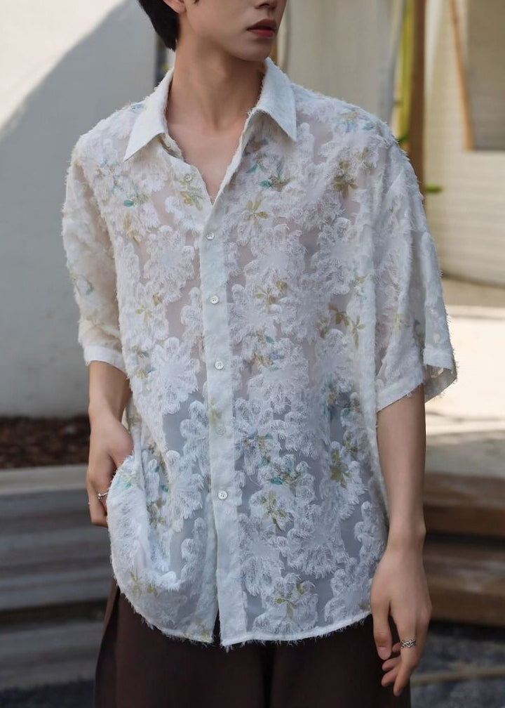 Peter Shirt Pan Men Button Collar Silk Sleeve Half Beige Ice Jacquard