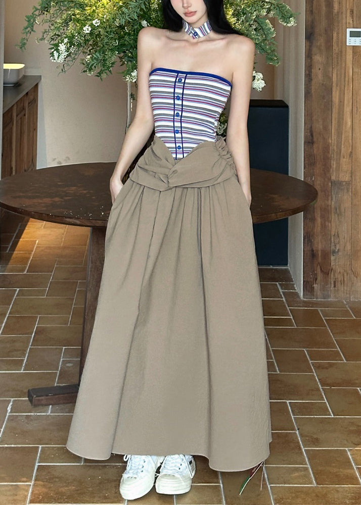 Khaki Shoulder Sleeveless Wrinkled Maxi Cold Dresses