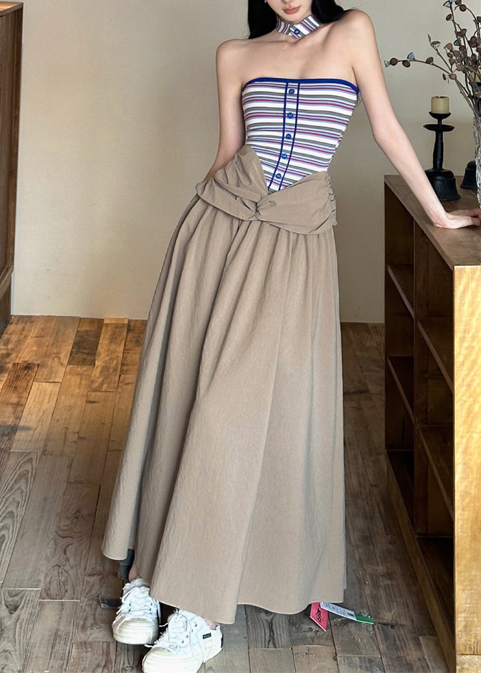 Khaki Shoulder Sleeveless Wrinkled Maxi Cold Dresses