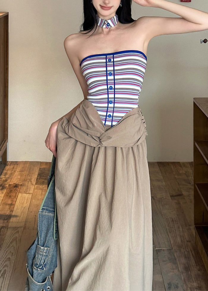 Khaki Shoulder Sleeveless Wrinkled Maxi Cold Dresses