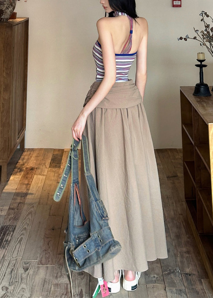 Khaki Shoulder Sleeveless Wrinkled Maxi Cold Dresses