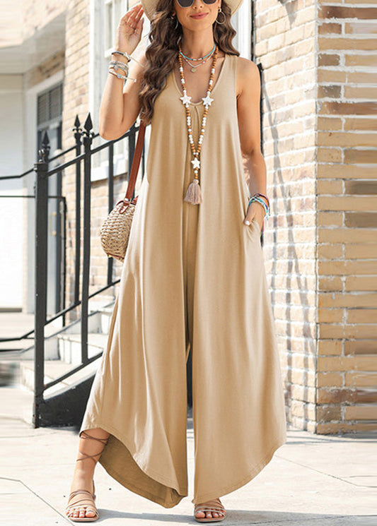 Patchwork Pockets Jumpsuit Sleeveless Khaki