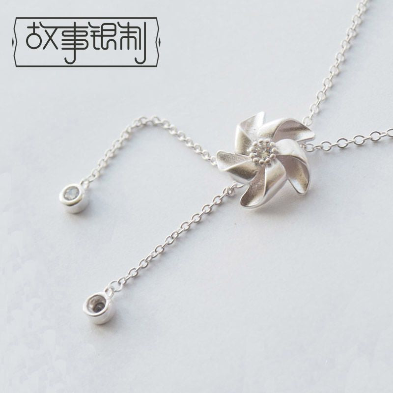 Pendant Necklace Sterling Windmill Silver 925 Rhinestone